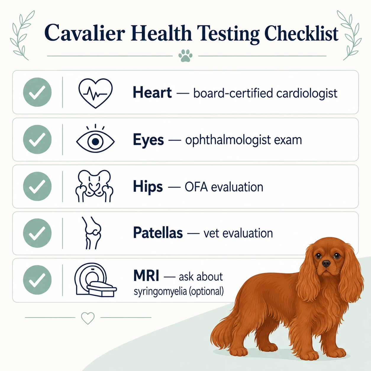 Cavalier King Charles Spaniel health testing checklist for buyers